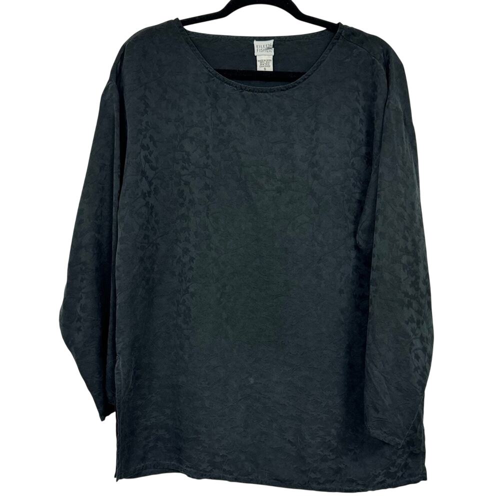 Eileen Fisher Black Silk Floral Print Lagenlook Boxy Fit Blouse Womens Small